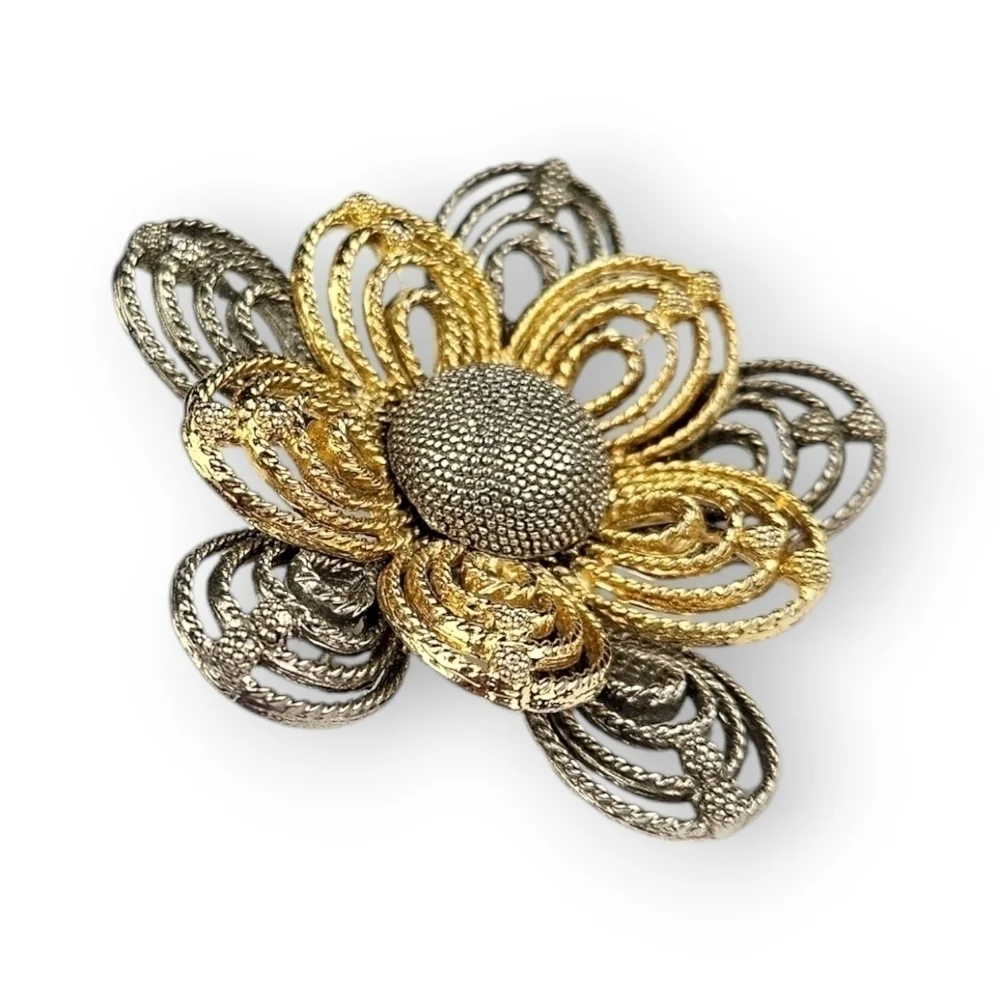 Vintage Flower Brooch Layered Petal Textured Two Tone Gold Silver Tone 2 3/8